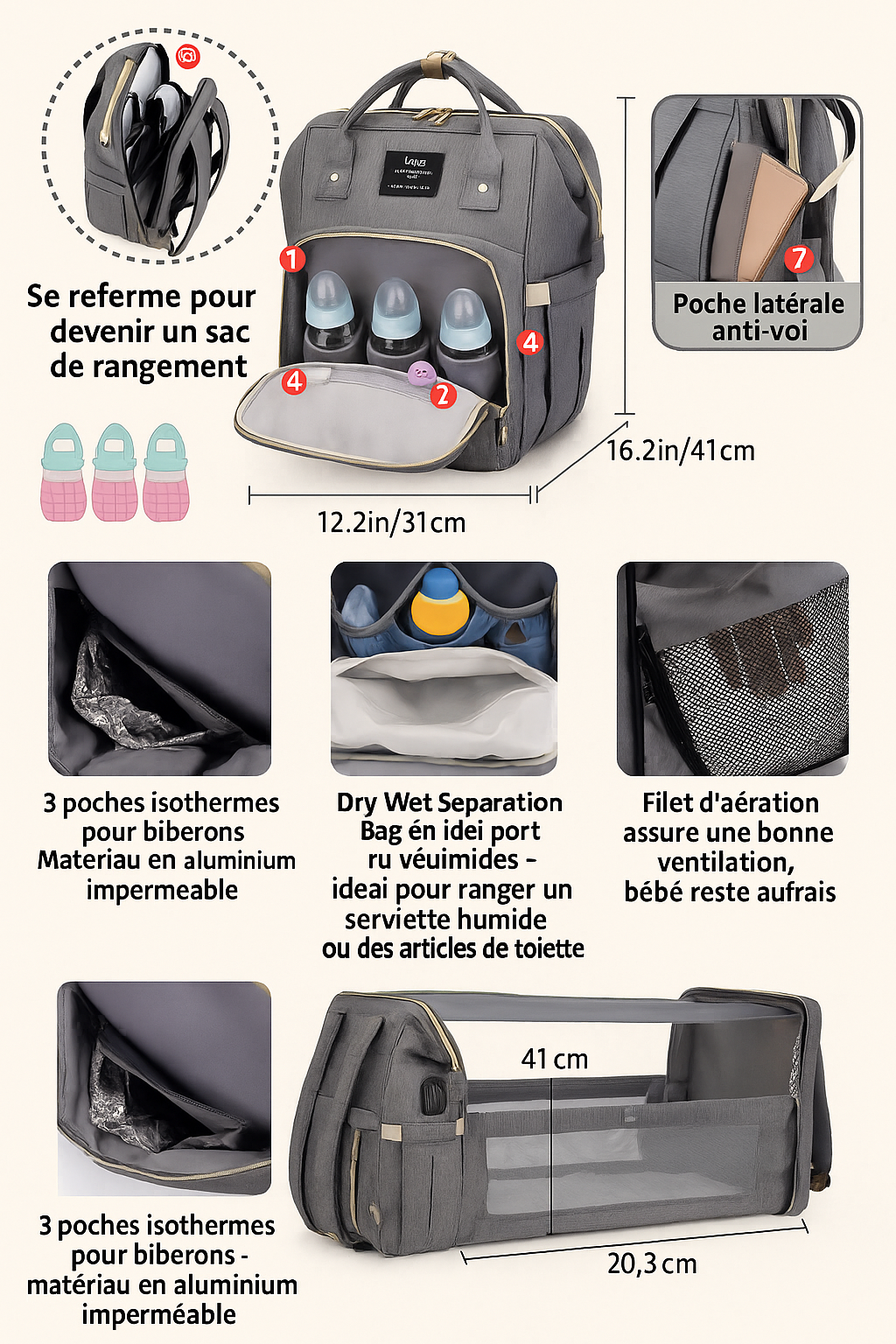 Sac à langer 2-en-1 Gris Perle